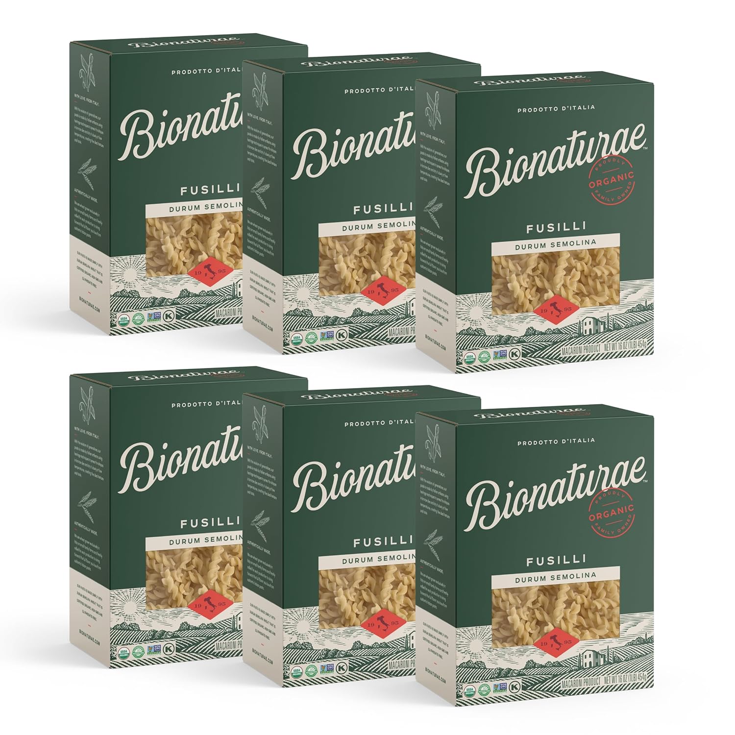Bionaturae Fusilli Pasta Noodles - Durum Semolina Pasta, Kosher, High Protein, Non-GMO Verified, USDA Certified, Durum Semolina Fusilli, Fusilli Pasta Organic, Crafted in Italy - 16 Oz, 6 Pack