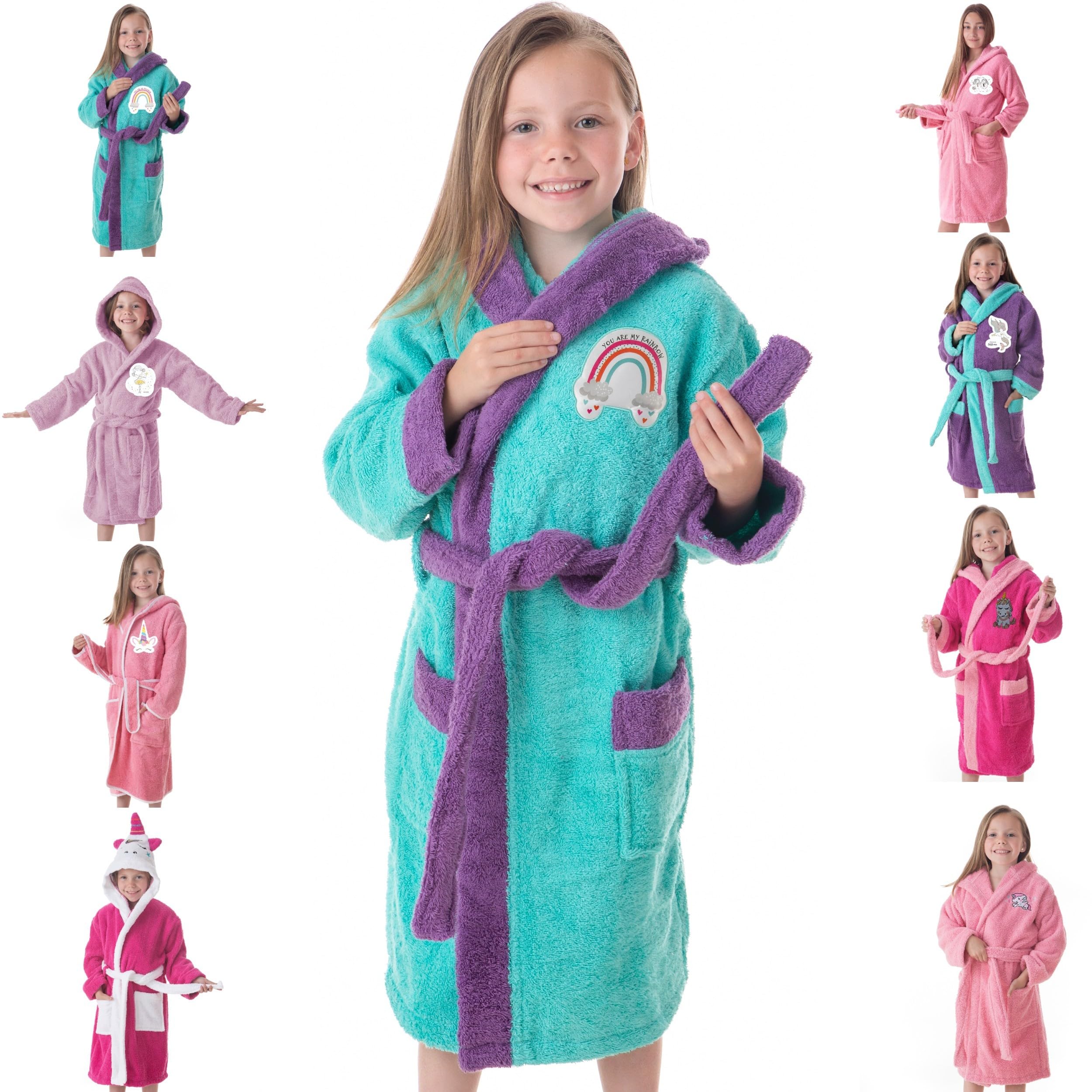 Albornoz Baño Niña Infantil 100% Algodón Bata con Bolsillos, Dibujos y Capucha Happy Shower