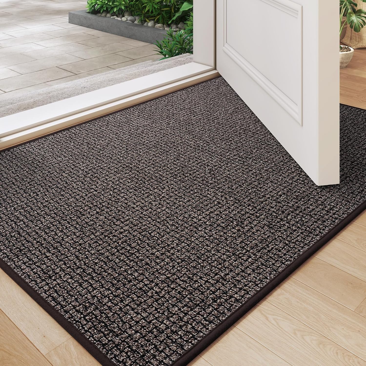 Front Door Mat Indoor Entrance 17"x30", Low-Profile Non Slip Inside Doormat for Entryway, Dirt Resistant Absorbent Front Porch Back Door Welcome Entry Door Mats, Washable Easy Clean, Brown