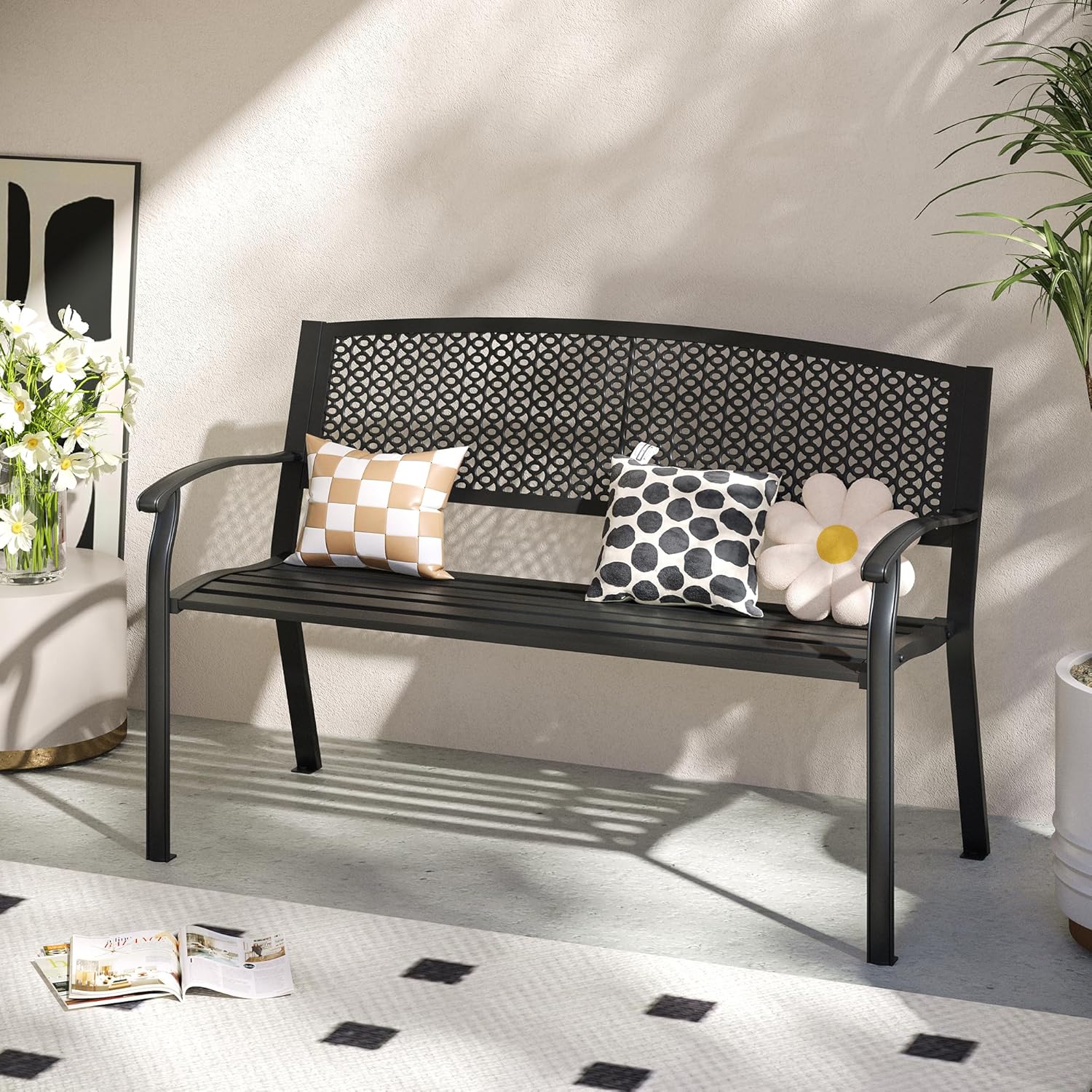 VICLLAX 50” Outdoor Garden Bench with Armrests and Backrest, Waterproof Patio Metal Bench for Park, Porch, Backyard, Round Pattern Back