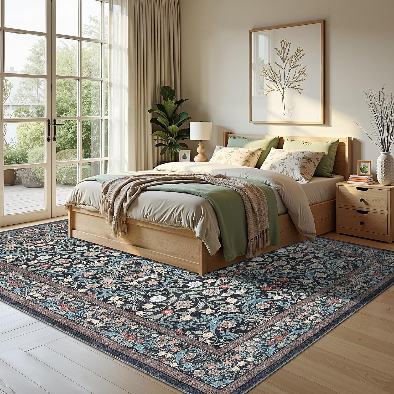 GlowSol 8x10 Area Rugs for Living Room: Floral Washable Rug Vintage Large Soft Boho Rug Non-Slip Carpet Indoor Stain Resistant Carpets for Bedroom Dining Room Farmhouse Nursery Home Office Black