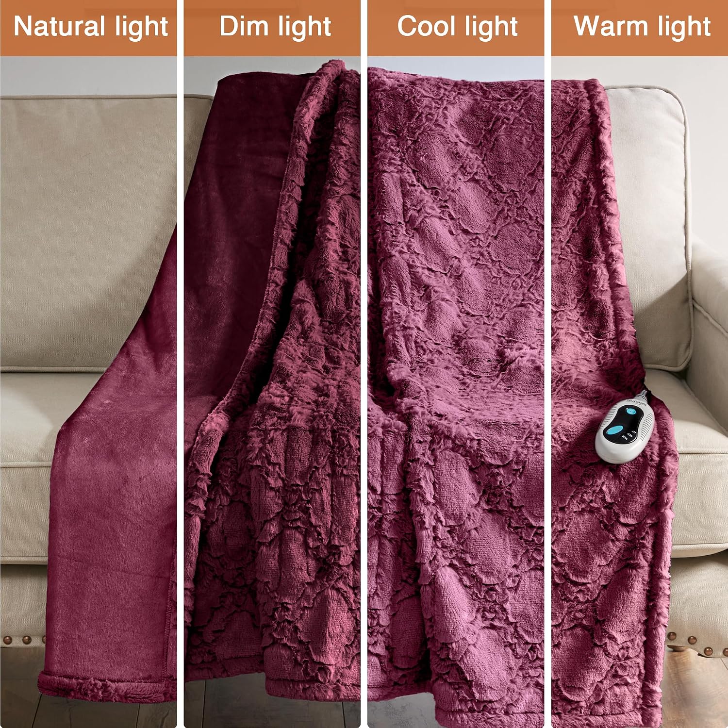 Beautyrest Long Brushed Faux Fur Ogee Textured Design Electric Blanket, Auto Shut Off, Virtually Zero EMF, Multi Heat Setting, UL Certified, Machine Washable, Burgundy Throw 50x60
