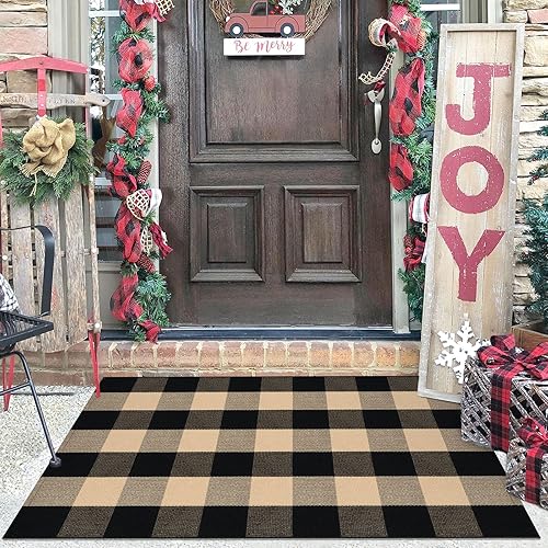 Vista 319 de KILOCOCO Alfombra de rayas beige de 2.3 x 3.6 pies para interiores y exteriores, alfombra tejida a mano de algodón lavable a rayas para puerta Rayas