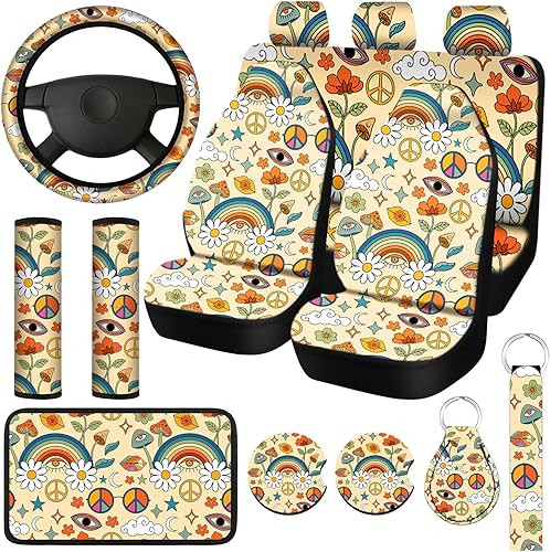 Juego completo de 15 fundas de asiento de automóvil con diseño de estrella arcoíris para mujer, fundas de volante con margaritas, almohadillas para