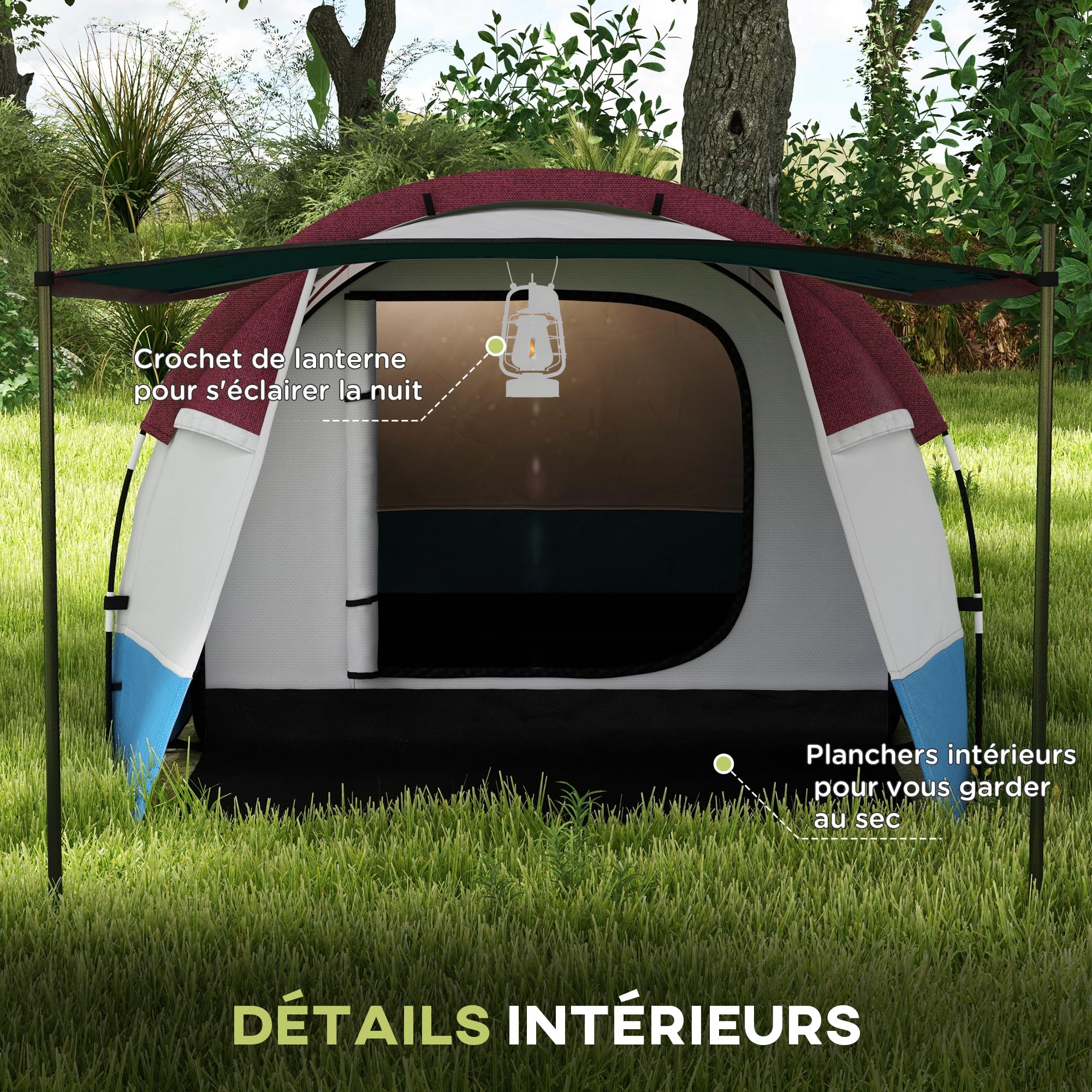 Outsunny Tente de Camping Tente Tunnel 2-3 Personnes avec Chambre à Coucher, Salon et Porche légère ventilée 3 Portes Sac de Transport Inclus 420 x 200 x 150 cm