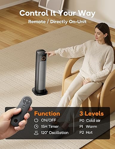 Miniatura 6 de Combo de calentador de patio y ventilador para uso en interiores, torre de 1500 W, espacio eléctrico portátil al aire libre con control remoto,