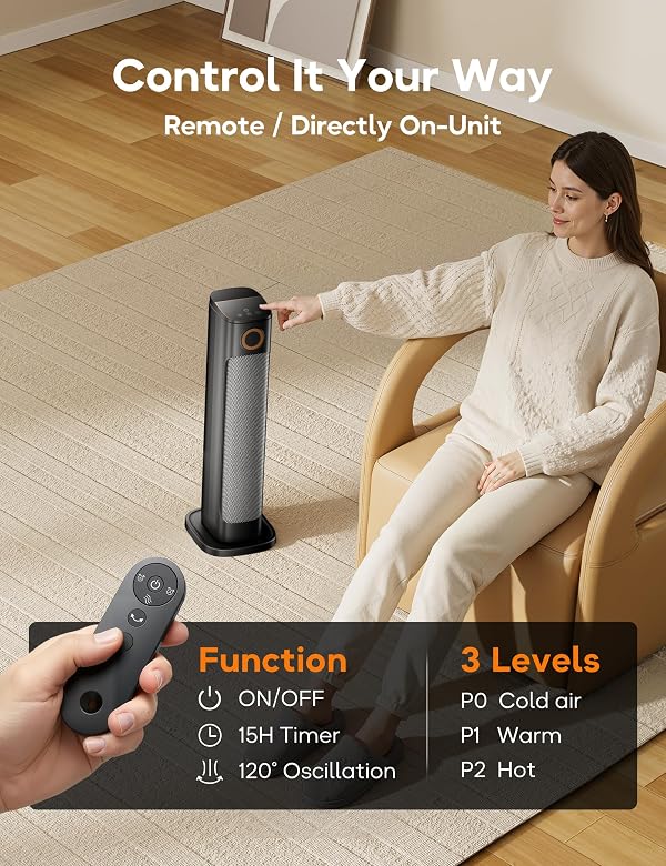 Patio Heater And Fan Combo for Indoor Use with 3 Heat Levels,1500W Tower Portable Electric Space Outdoor with Remote,Infrared Heater, 15H Timer, Oscillation, Quiet, for Garage, Room, Office BLACK by BIESQYA - Image 4