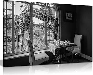Panther Print Fine Art Prints Black & White Giraffe Eat Breakfast Artistic Framed Canvas Print, Pictures for Home Walls, Bedroom, Living Room & Bathroom Decor 61x41cm (24x16in)