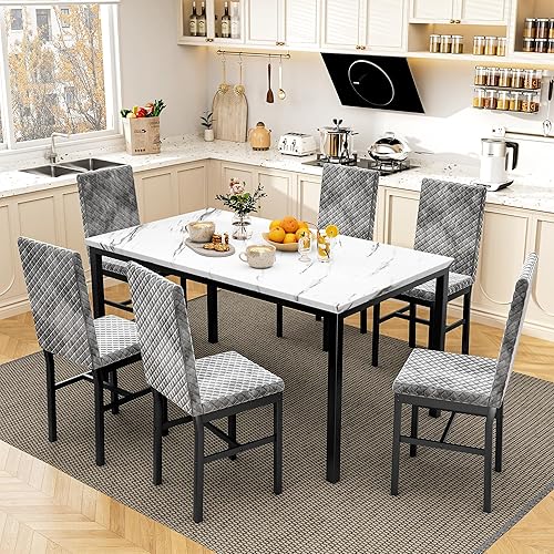 Vista 2 de Recaceik Juego de mesa de comedor de 7 piezas para 6 personas con sillas de espuma de terciopelo, juego de mesa de comedor de cocina de mármol