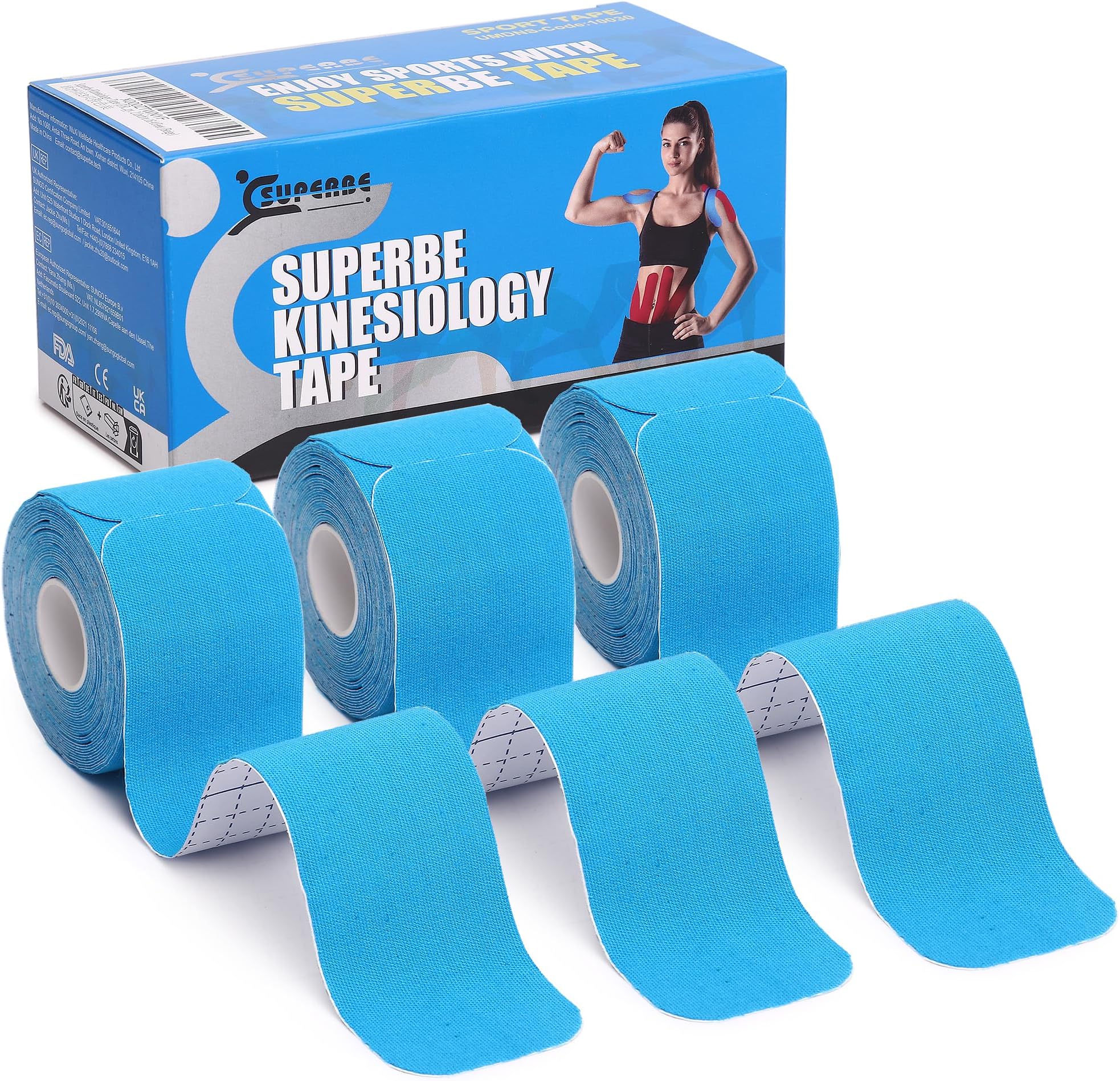 Superbe Precut Kinesiology Tapes (3 Rolls Pack), Sports Tape Muscle Tape for Pain Relief, Muscle Support, Recovery and Physio Therapy (Blue)