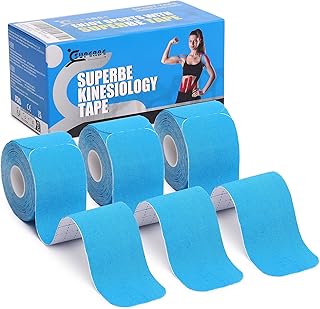 SUPERBE Precut Kinesiology Tape (3 Rolls Pack), Elastic Sports Tape for Pain Relief, Muscle Support, Recovery and Physio Therapy, Breathable, Waterproof (Blue)