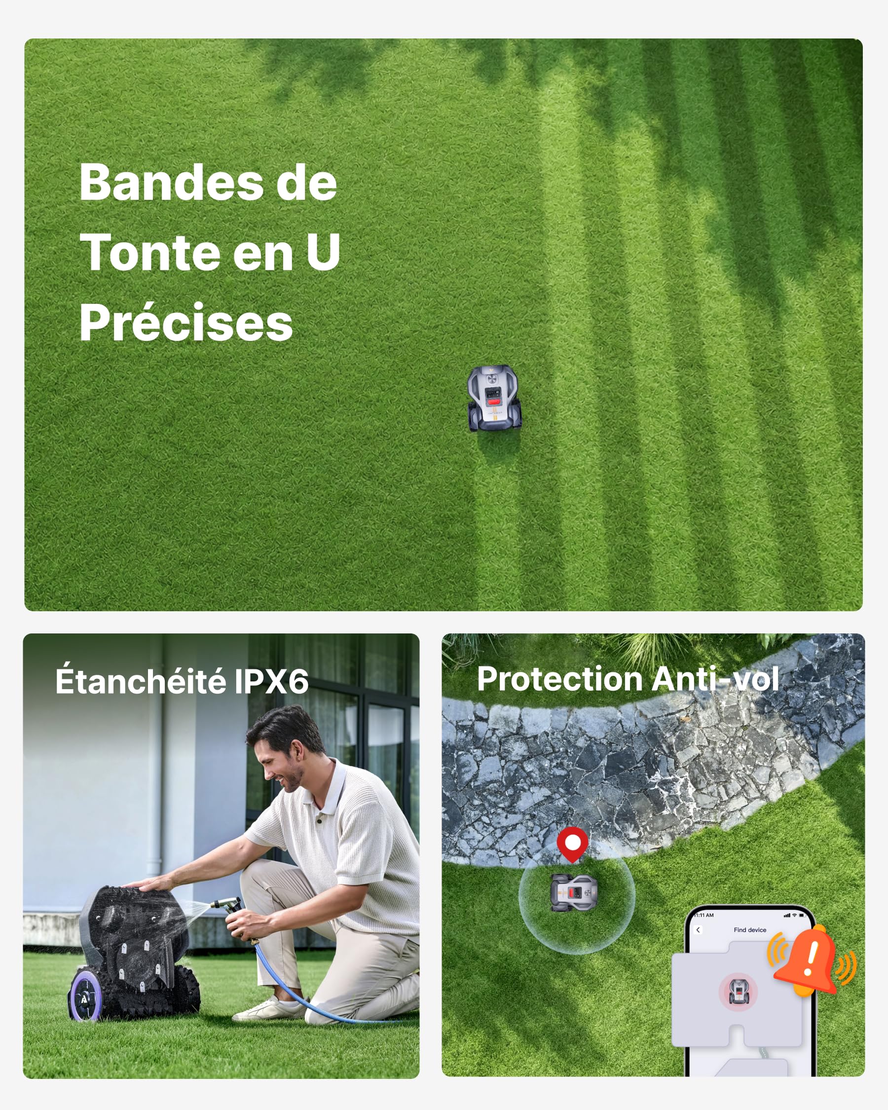 ANTHBOT M9 Pro Tondeuse Robot - 1000㎡，360° LiDAR, NetRTK, 4G, Double Caméra, 5000mAh, 150㎡/h, HDR Vision IA, Cartographie Automatique & Manuelle, Prêt à l'emploi, Gestion Multi-Zones, IPX6, ≤58dB | Double Caméra, 5000mAh, 150㎡/h, HDR Vision IA, IPX6
