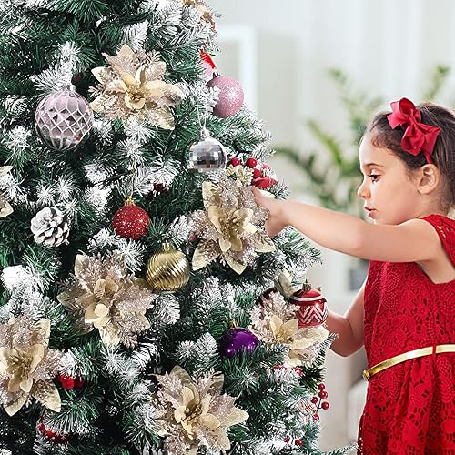 Miniatura 7 de Toyvian Flores de Pascua artificiales con purpurina navideña, 12 adornos de flores para árbol de Navidad, decoración de fiesta de Navidad con 12