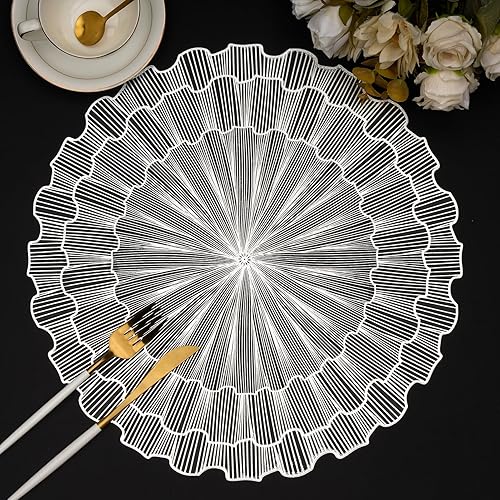 Miniatura 11 de Juego de 6 manteles individuales de oro Evevda, manteles individuales redondos con recortes para mesa, manteles de vinilo prensado metálicos, Tejido