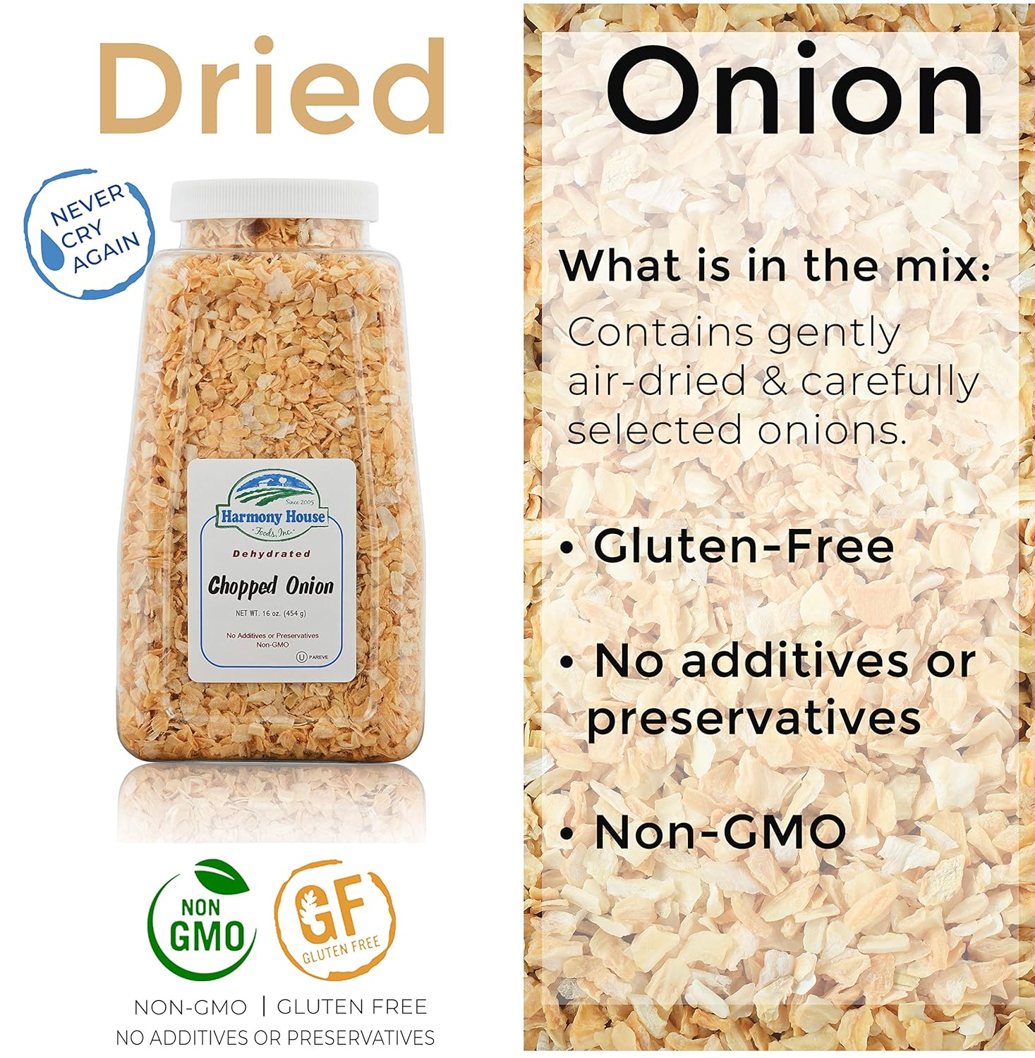 Harmony House Foods, Dried Onions, Chopped, 16 Ounce Quart Size Jar
