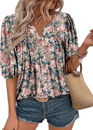 Magritta Womens Puff Half Sleeve Summer Tunic Tops Casual Chest Pleated Shirts Work Blouse for Women Dressy
