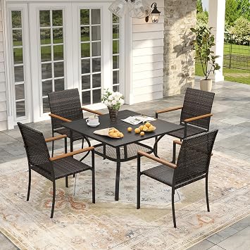 VICLLAX Outdoor Table and Chairs, 5 Pieces Patio Dining Set of Metal Patio Table with Umbrella Hole and 4 Wicker Patio Stackable Chairs for Porch Yard Garden, Black Tabletop