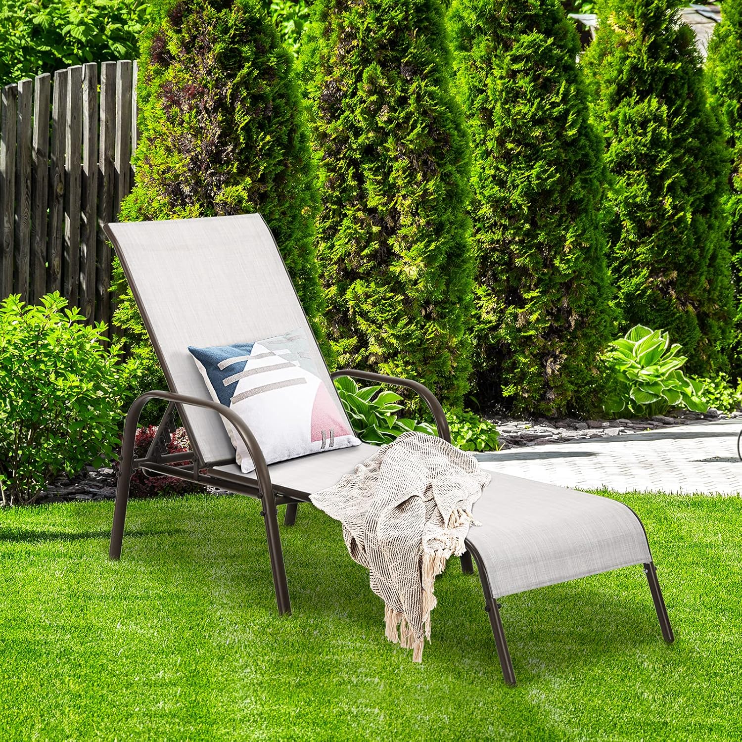 COSTWAY Outdoor Patio Lounge Chair Chaise Fabric Adjustable Reclining Armrest Pool (Grey)