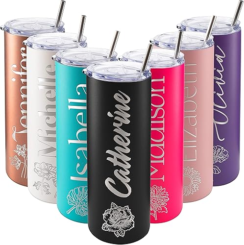 Vista 10 de Vaso delgado personalizado, pajilla, tapa y cepillo incluidos, 20 onzas, morado, regalos personalizados para mujeres, regalo para mamá, vaso delgado