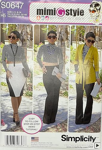 Simplicity S0647 Mimi Style - Chaqueta sin forro y parte superior de punto, pantalones y falda patrón de costura, talla 6-14
