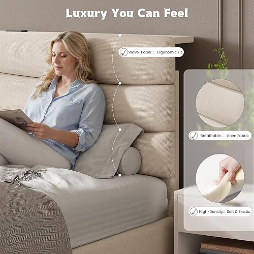 Miniatura 3 de EnHomee Base de cama tamaño Queen, base de cama Queen tapizada con estaciones de carga, cabecera de almacenamiento ajustable, dormitorio,