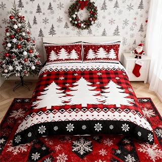 Christmas Tree Duvet Cover Set Queen Size,Red Black Plaid Comforter Cover Snowflake Print Stripes Bedding Set 3Pcs,Kids Girls Boys Teens Bedroom Decor,Happy New Year Quilt Cover,2 Pillowcases