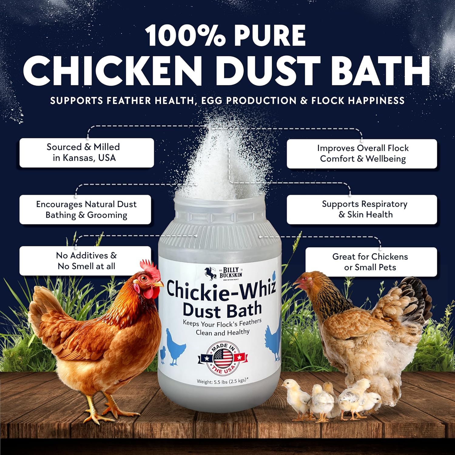 4 x 5.5lb Chickie Whiz Dust Bath, All-Natural Chickie Whiz Dust Bath Powder for Chickens for Healthier Chicken Eggs, Clean, Healthy Chickens Other Small Pet Animals by Billy Buckskin Co.