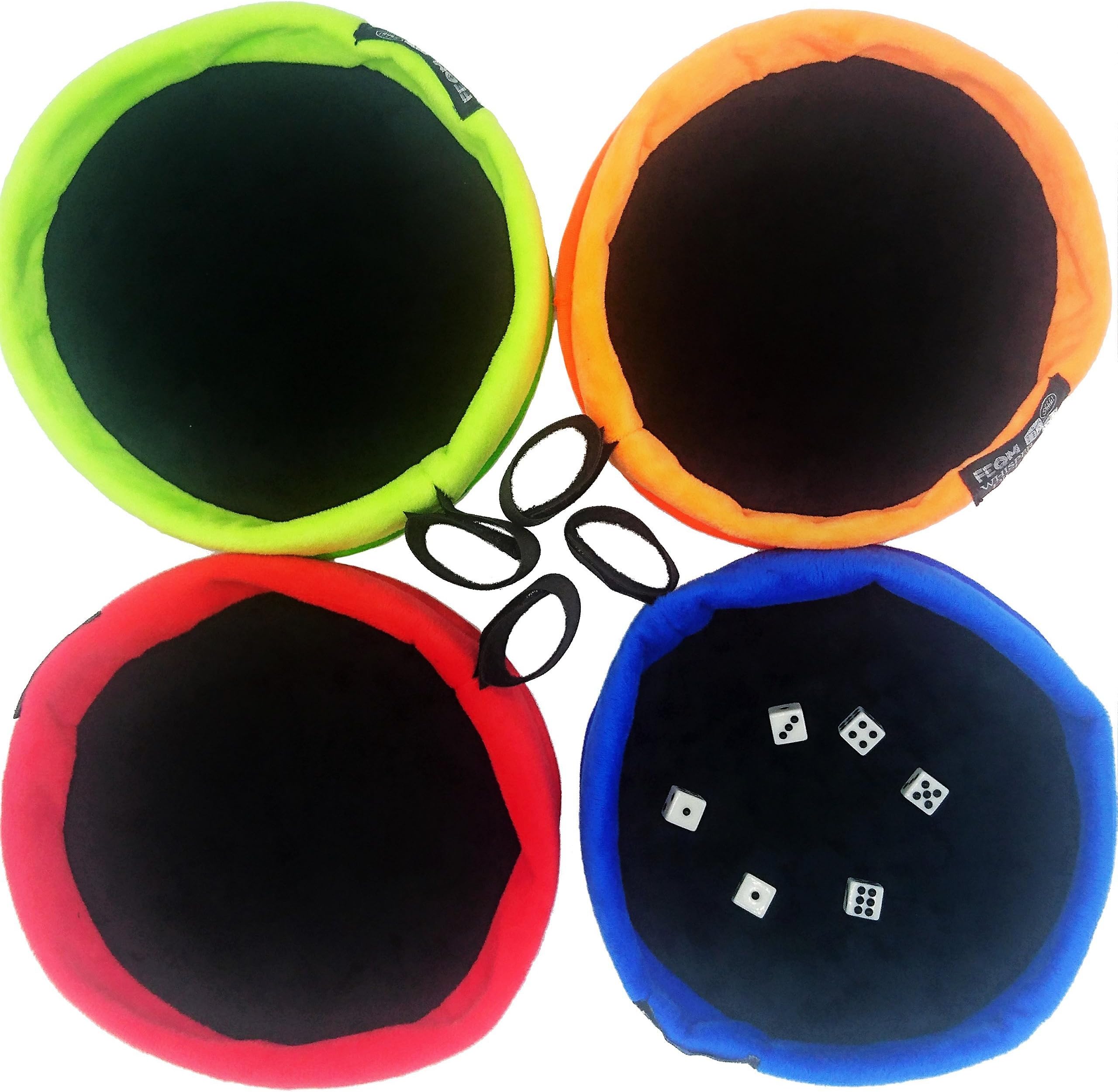 FEQM Whisper Dice Tray Set of 4, Soft, 7.5 Inch, Six 12mm Miniature Dice Included, Keep Rolls Quiet, Protect Your Dice, Also a Carrying Pouch, Take Anywhere - Game Night Accessory for Dice Games