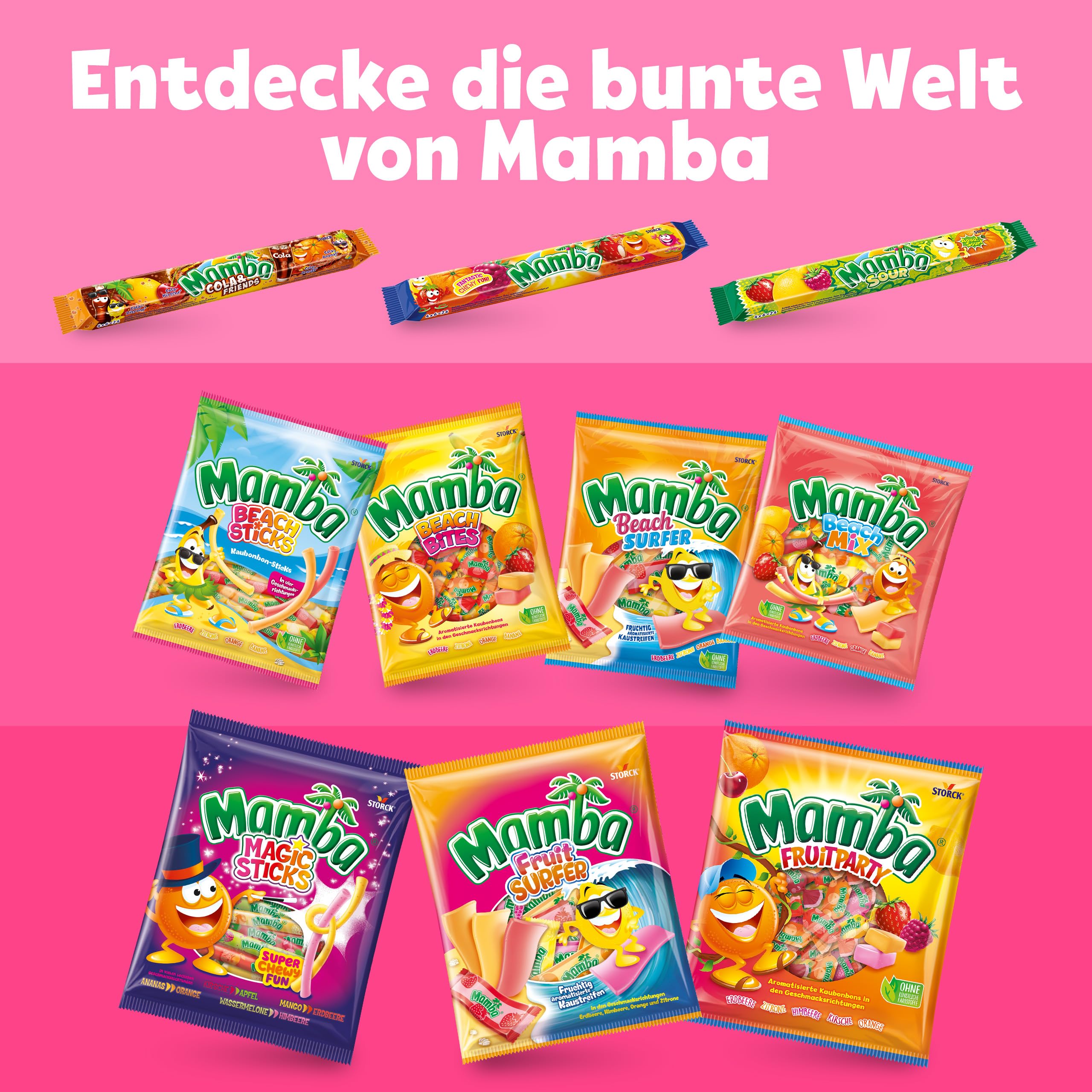 Mamba – 24 x 106g (4er Stange) – Leckere Kaubonbons mit Fruchtgeschmack in vier verschiedenen Sorten – Süßigkeiten Mix