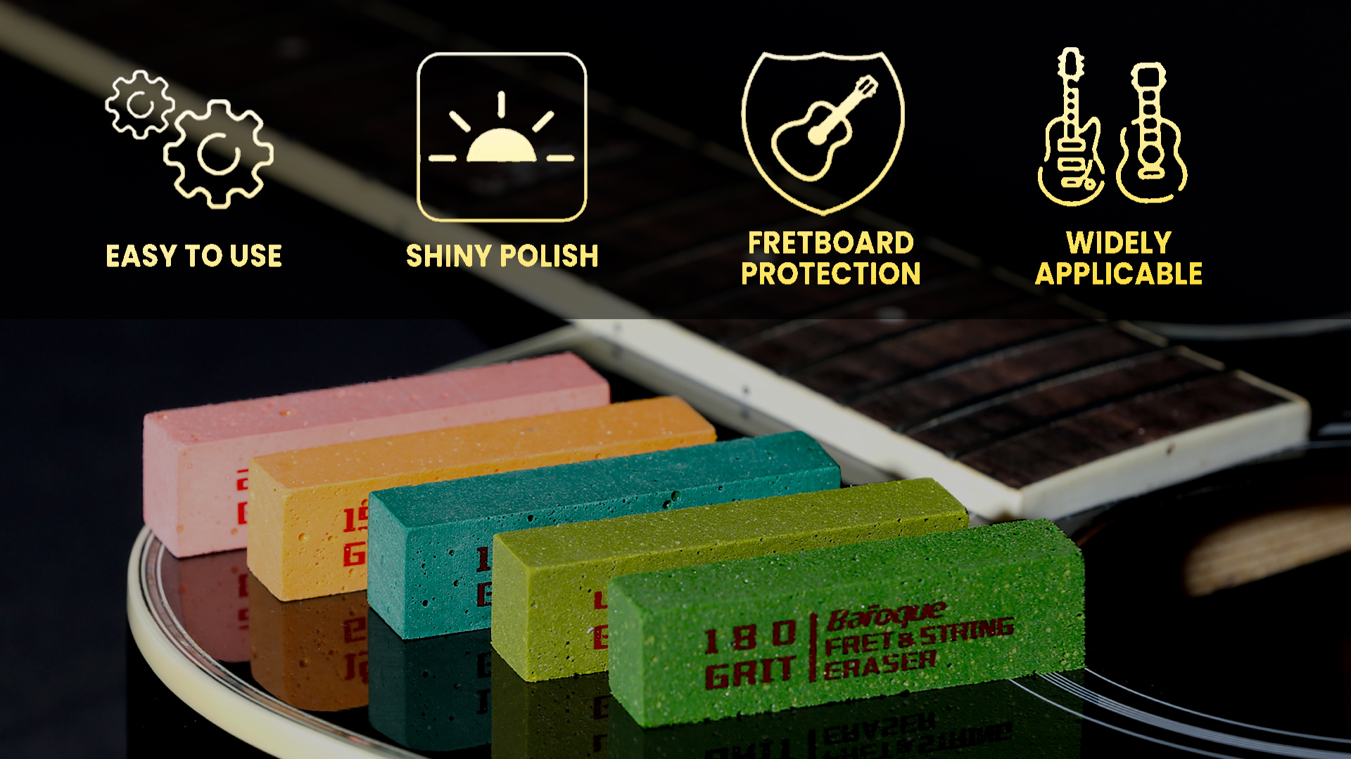Kit Gommes Polissage Frettes Guitare - 5 Grains (180/400/1000/1500/2000) Pour Nettoyer Et Polir Frettes, Cordes Et Métal