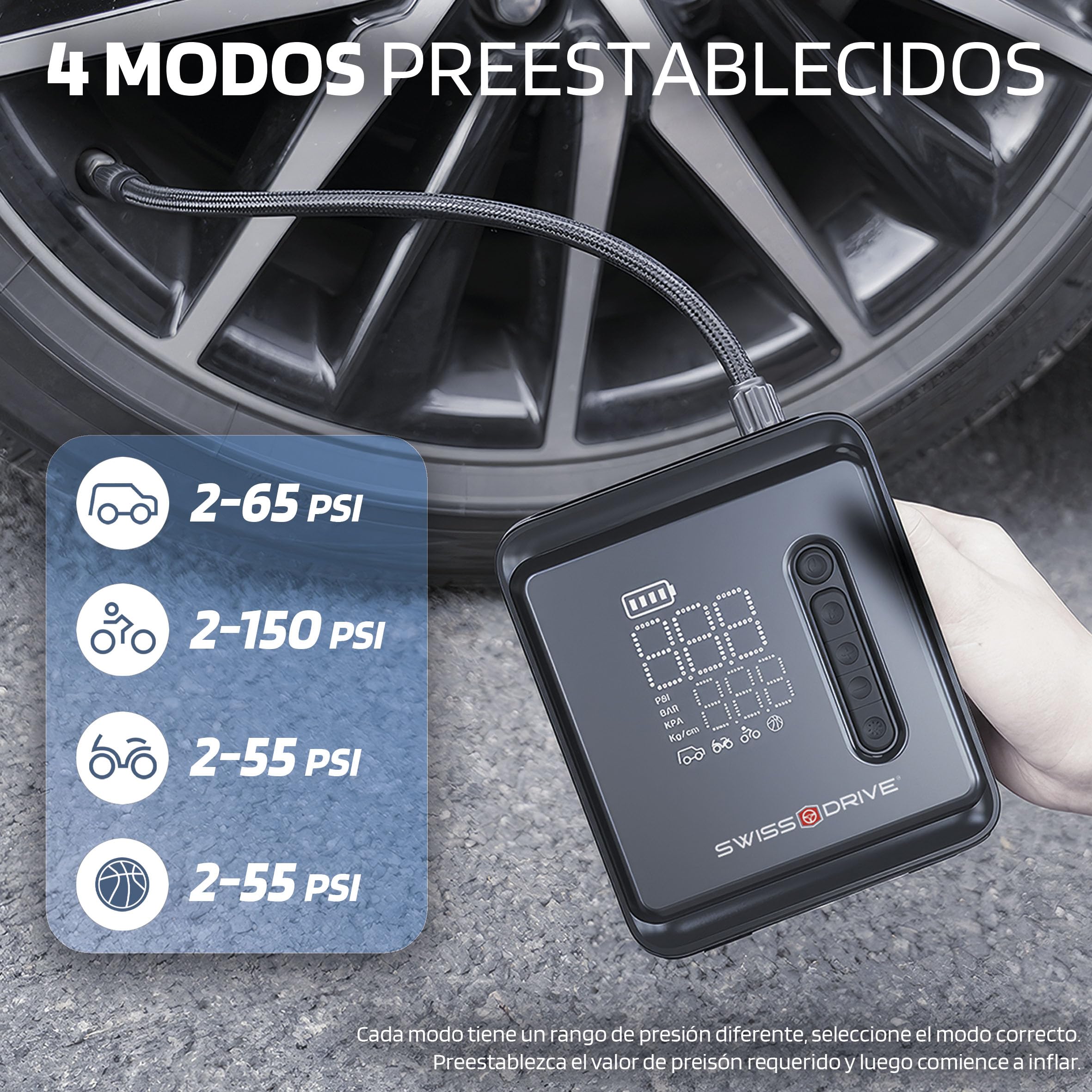 S SUMEX Mini Compresor Aire Portatil Bateria Recargable Inflador Ruedas Coche 160PSI/10,3Bar/12V/120W con Iluminación LED de Emergencia y 5 Modos de Inflado para Coche Moto Pelota Bicicleta