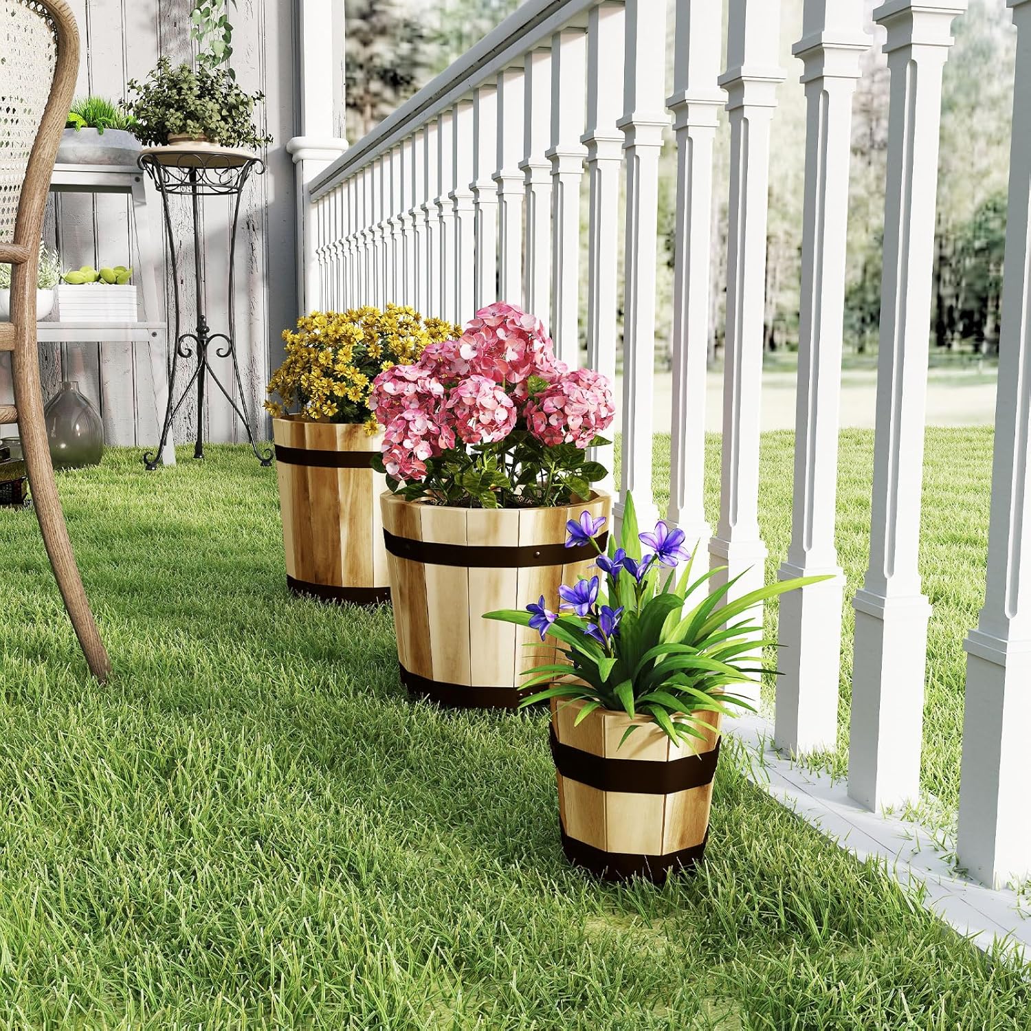 S AFSTAR Bucket Planter Box Set of 3, Acacia Wood Whiskey Barrel Planters with Drainage Holes & Metal Bands, Multi Sizes Rustic Decorative Flower Pots for Outdoor & Indoor