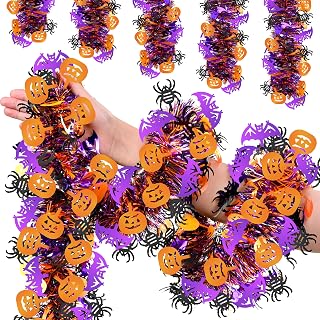 50 FT Halloween Tinsel Garland, Glitter Tinsel Garlands with Pumpkin Bat Spider, Metallic Holiday Hanging Streamers for Halloween Party Supplies Indoor Outdoor Decoration