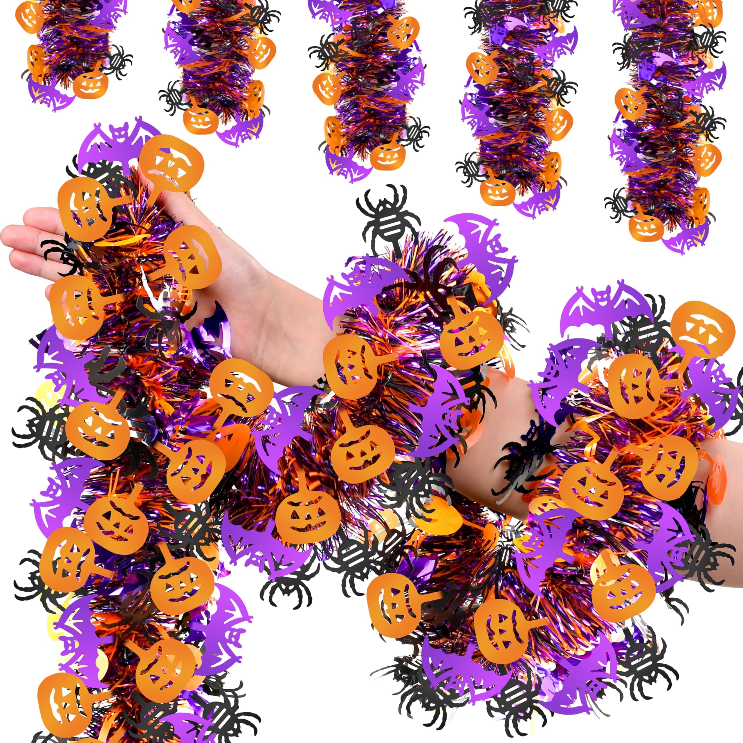 50 FT Halloween Tinsel Garland, Glitter Tinsel Garlands with Pumpkin Bat Spider, Metallic Holiday Hanging Streamers for Halloween Party Supplies Indoor Outdoor Decoration
