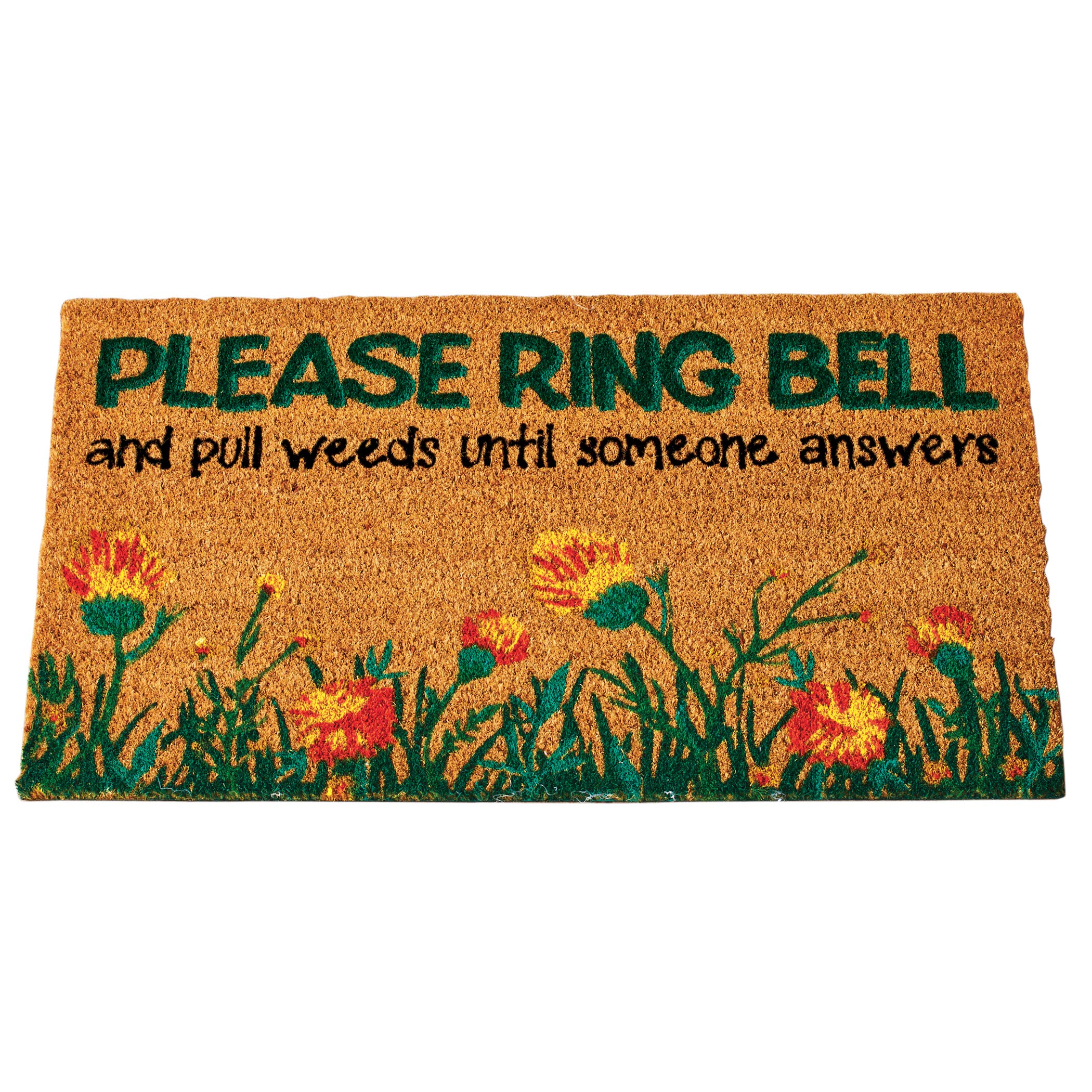 Please Ring Bell and Pull Weeds Coco Coir Doormat - Helps Trap Dirt and Keep It Out of House - Coir, PVC - Imported - Shake Clean - 30" x 18"