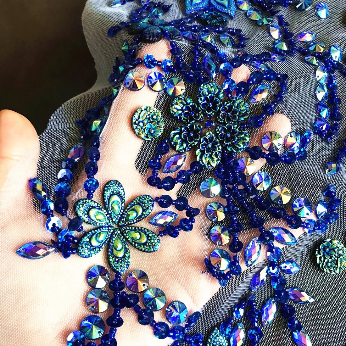 Noble Pure Handmade Beaded Crystal AB Color Patches Sew on Rhinestones with Stones Sequins Beads Applique Designs Patches Sewing for DIY Wedding Dress Trim 30x60cm (Dark Blue)