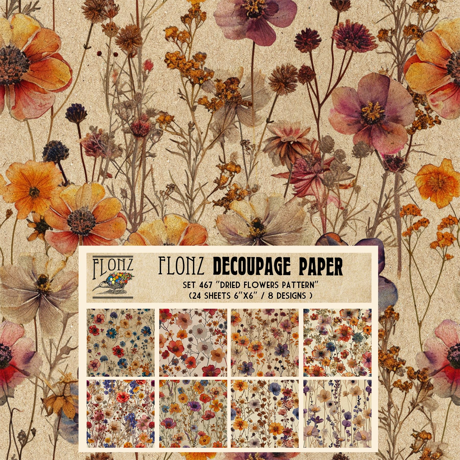 Decoupage Paper Pack (24 Sheets 6"x6") Dried Flowers Pattern # Vintage Styled Pattern Paper for Decoupage, Craft and Scrapbooking — image 1