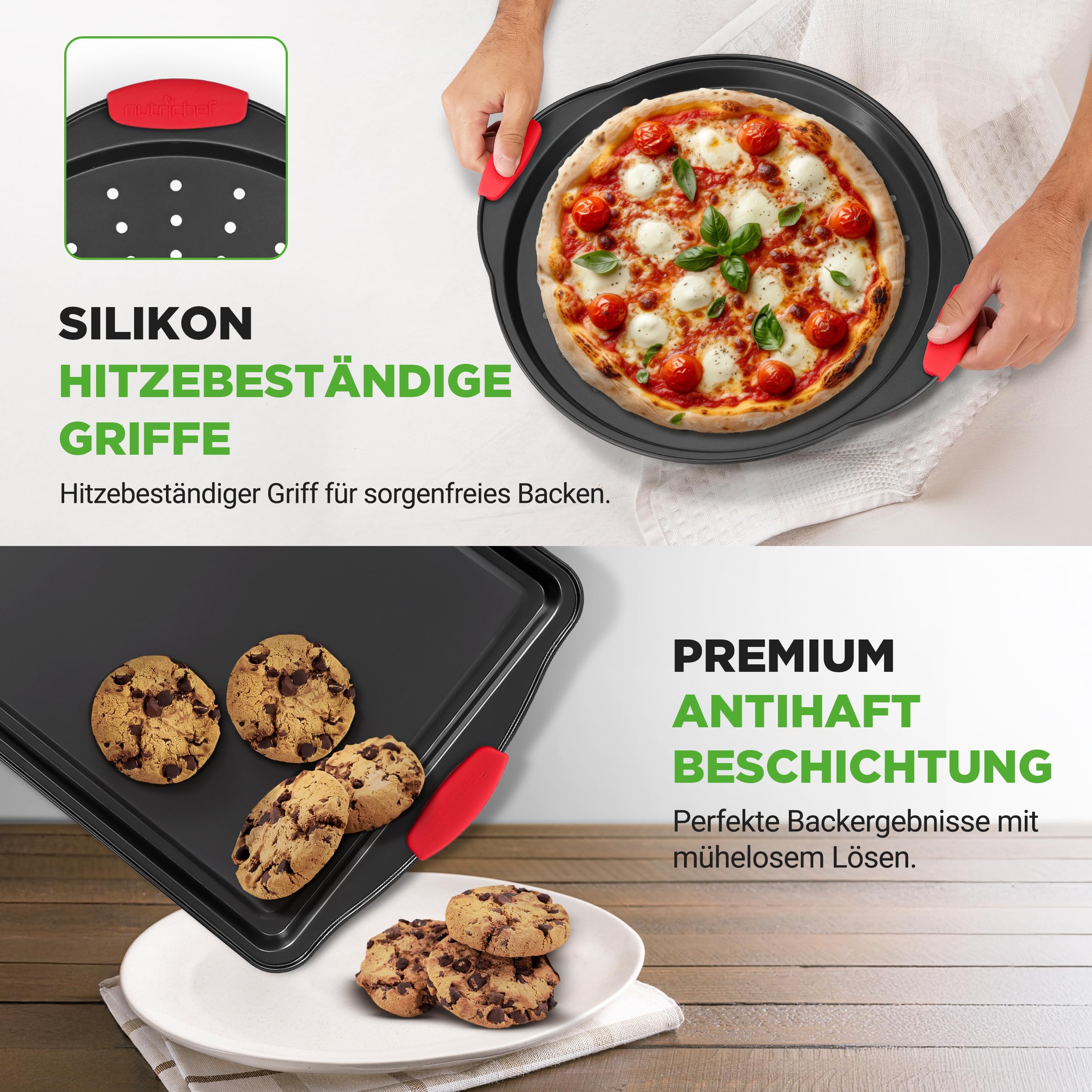 NutriChef 10-teiliges Backset aus Karbonstahl – Muffinform, Backblech, Brotbackform und rundes Pizzablech