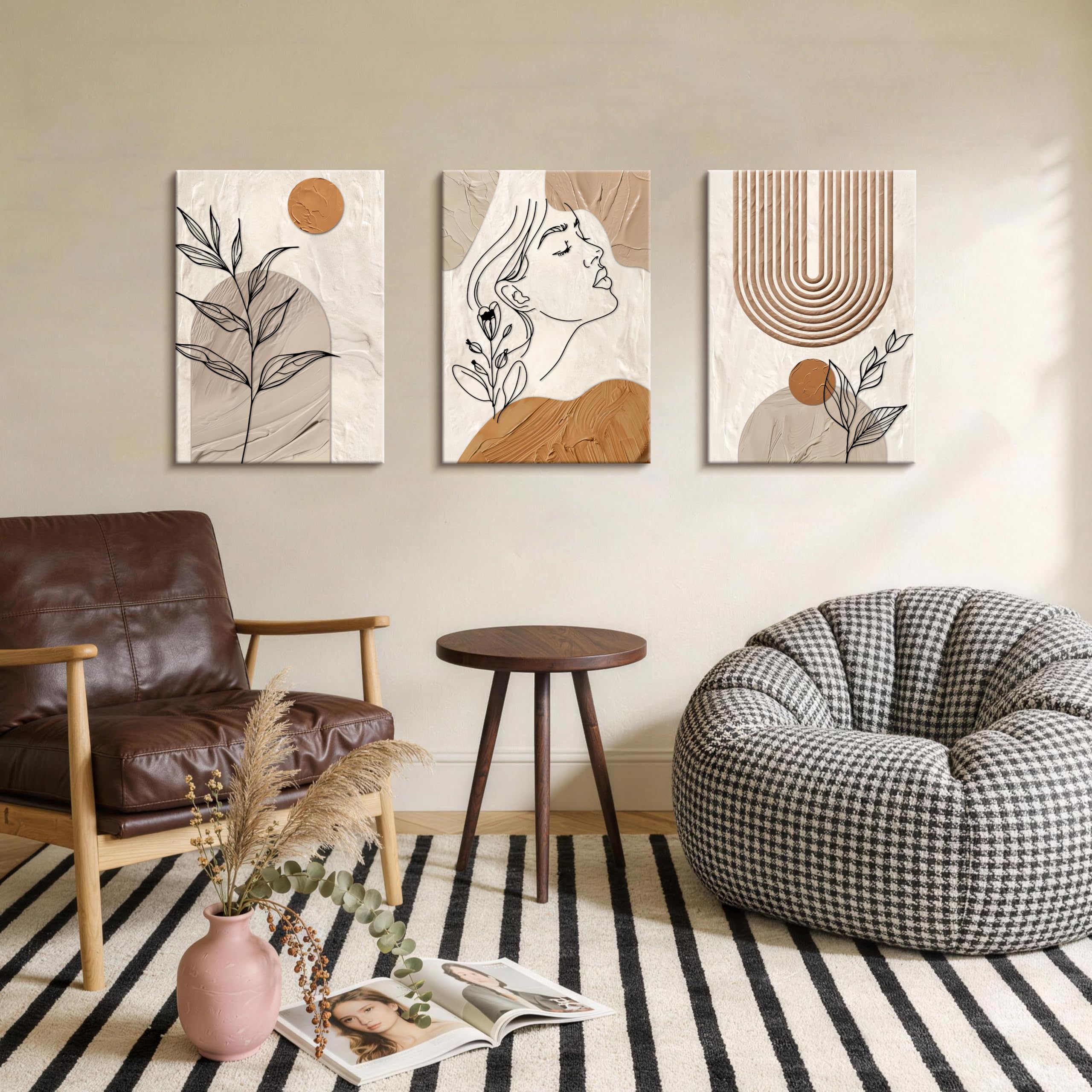 3 Pcs Wooden Framed Canvas Wall Art Set Bohemian Sage Green Canvas Prints Poster Geometric Line Beige Green Pictures for Living Room Bedroom Dinning Room Hallway Stairs Wall Decor 30x40cm x3pcs — view 385
