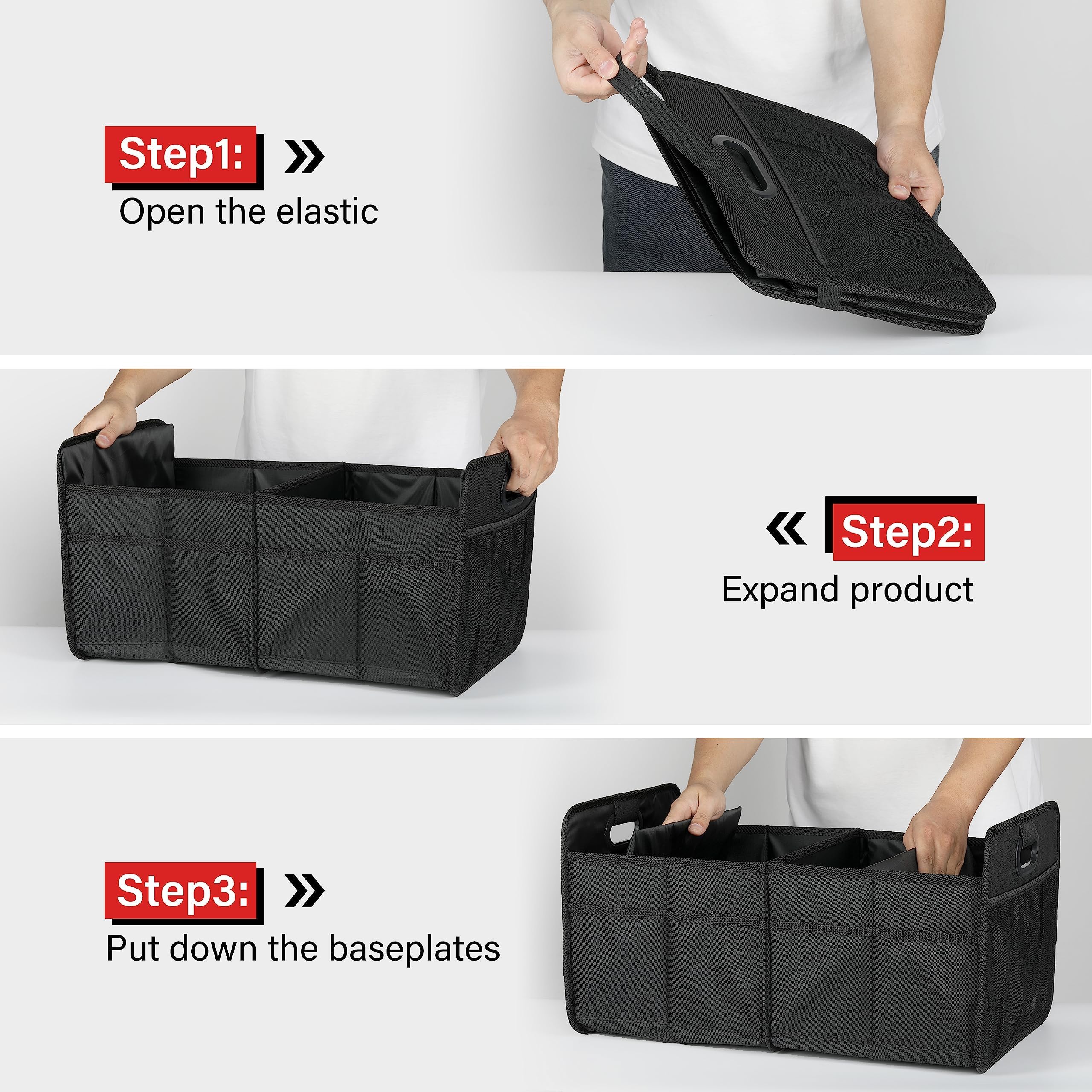 Simple Deluxe 2 Compartments Trunk Organizer for Car/SUV, Collapsible 600D Waterproof Oxford Polyester 50L Storage Box, Anti-slip & Leak-proof, Multipurpose Travel Accessories, Black