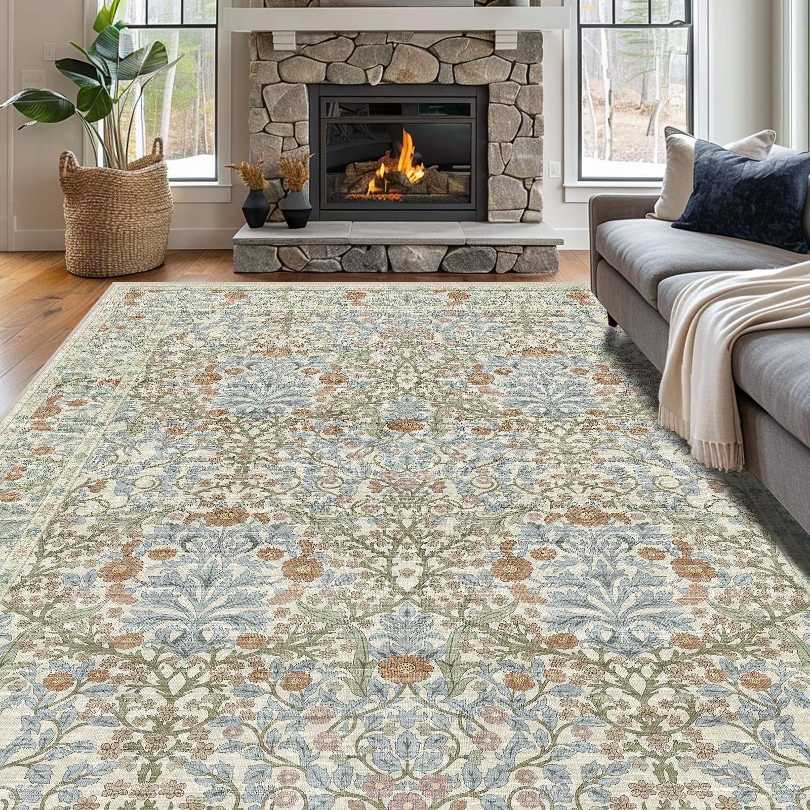 Shinefly Vintage Beige Blue Rug