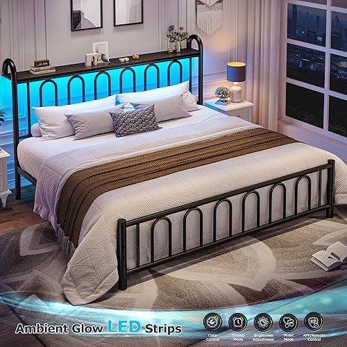 Miniatura 4 de Marco de cama tamaño King con plataforma de metal, cabecera victoriana, luz LED, base de colchón resistente con almacenamiento debajo de la cama, no