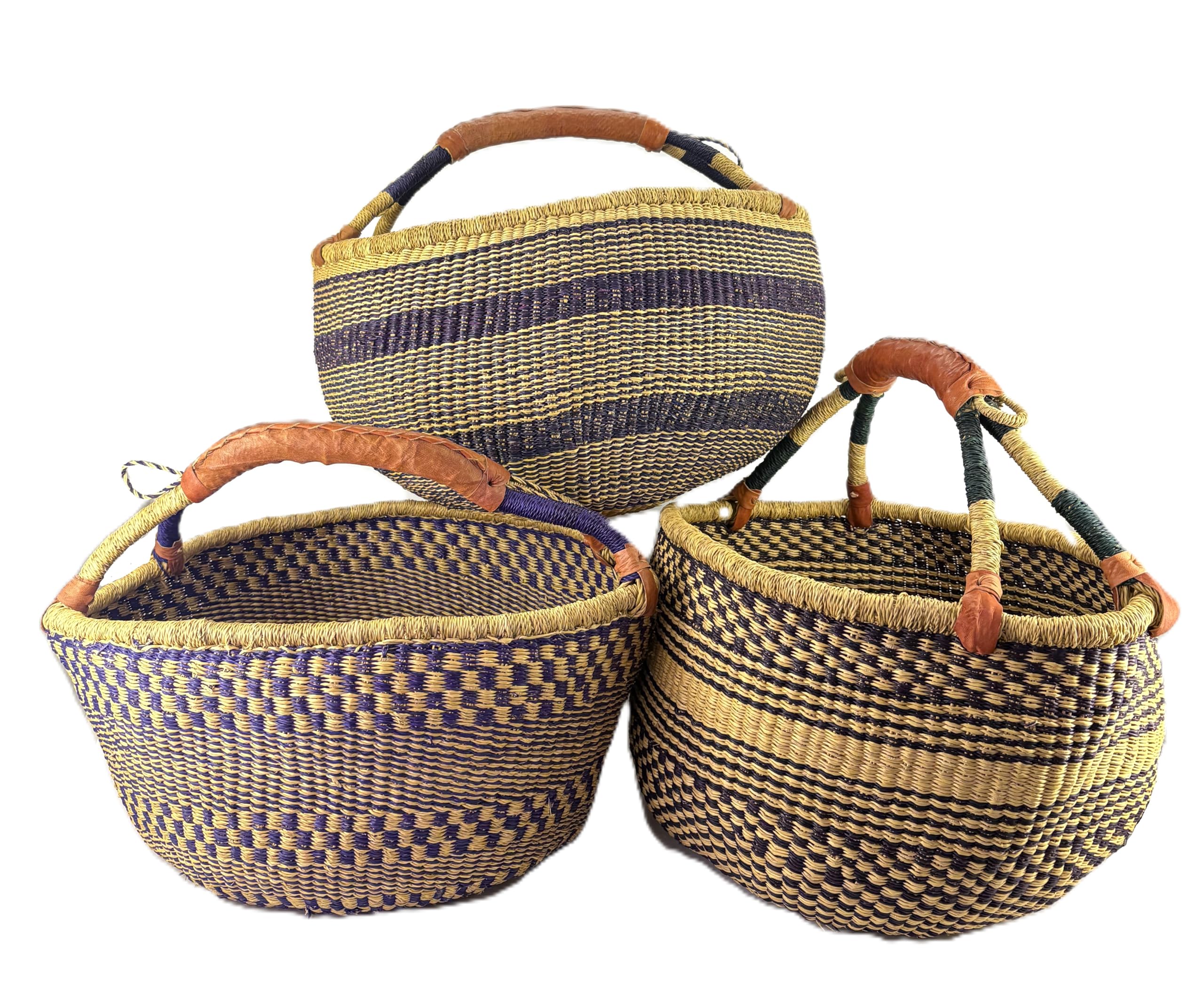 Cesta Redonda Bolga Grande aprox. Ø 40 x 40 cm – Hecha a Mano en Ghana – Comercio Justo – Cesta de Compra con Asa de Cuero – Tono Oscuro