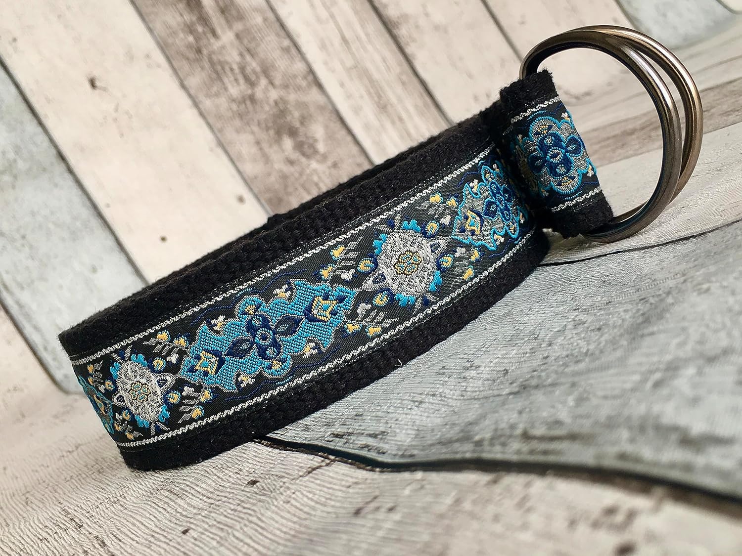 Blue Black Handmade Women Belt, Black Cotton Webbing Belts, Jacquard Ribbon Waist Accessorys, Canvas D Ring Belt, 1.5" Width
