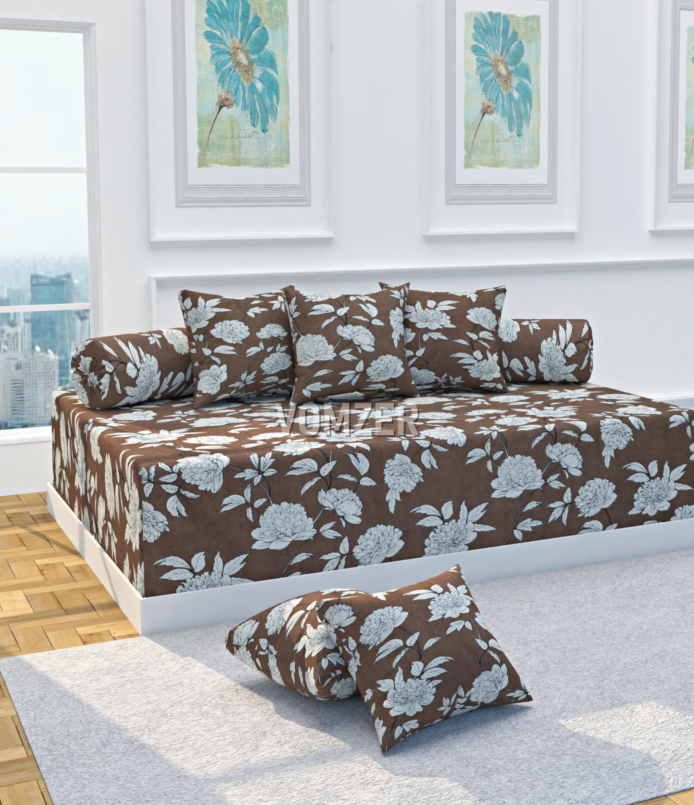 VOMZER Premium Printed 100% Glace Cotton Diwan Set 8 Pieces, 1 Single bedsheet, 5 Cushions Covers and 2 Bolster Covers - (Brown White)-picture-12