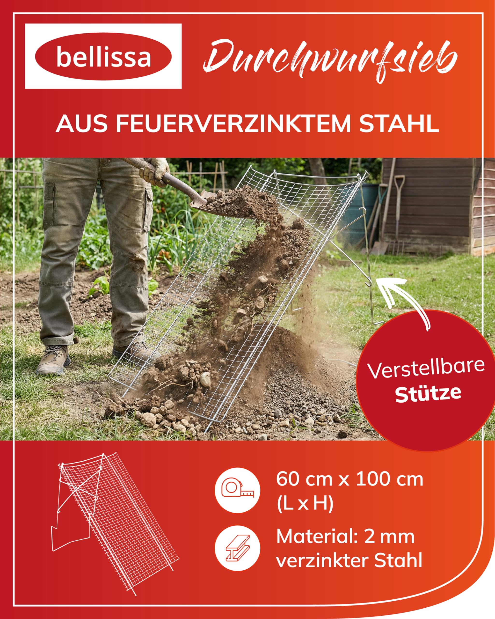 bellissa - Durchwurfsieb aus Stahl (Größe 100x60cm) – Garten & Kompostsieb für Erde, Sand, Boden, Kies & Schotter aus stabilem Metall – filtert Unkraut und Steine heraus – Ständer verstellba