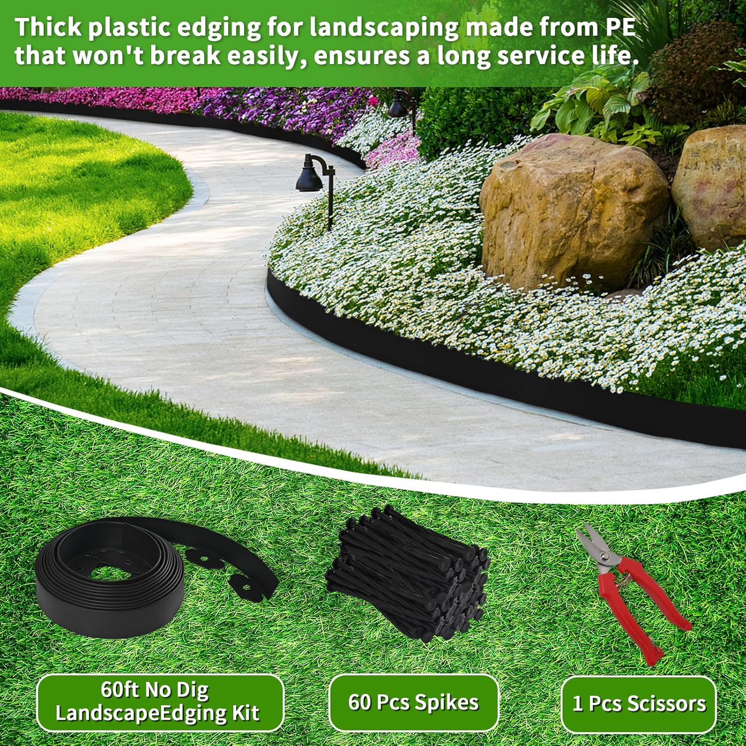 Landscape Edging Border Kit, No Dig Garden Edging Border 60ft 2in Tall with Scissors and 60 Spikes for Landscaping Border Edging Flower Bed Edging Borders