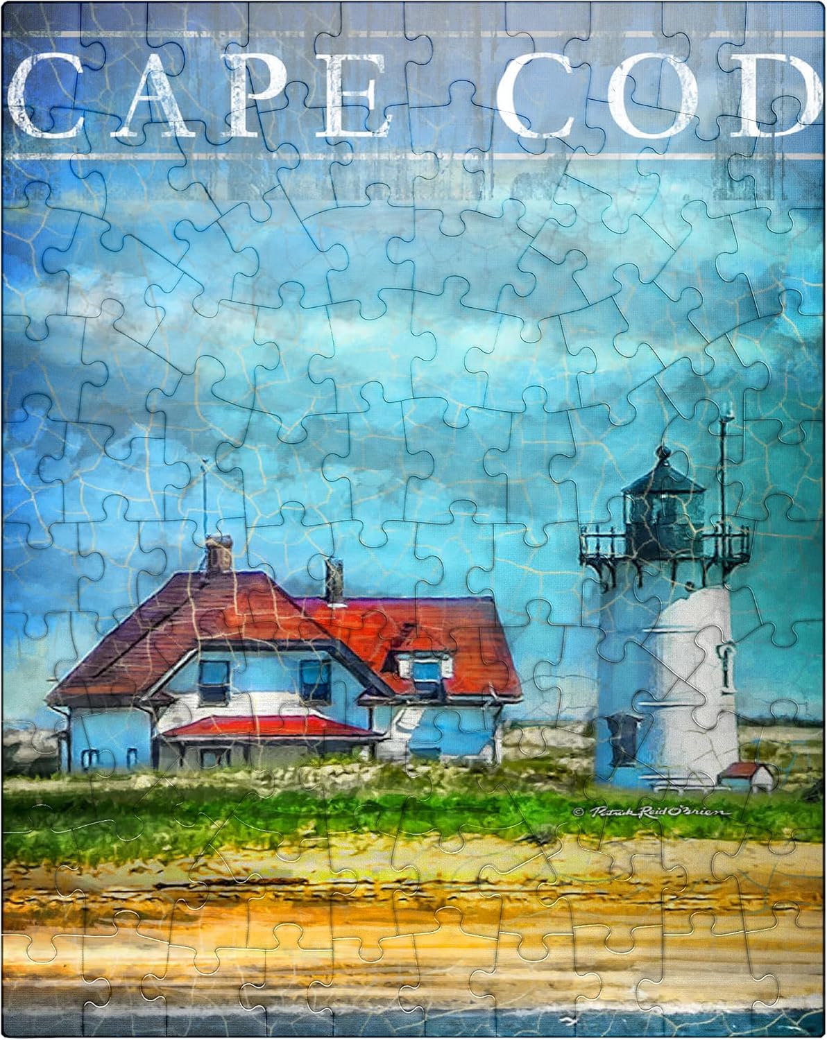 MyPuzzle Vintage Cape Cod Lighthouse - Coastal Retro Travel Art - Premium 500 Piece Jigsaw Puzzle for Adults