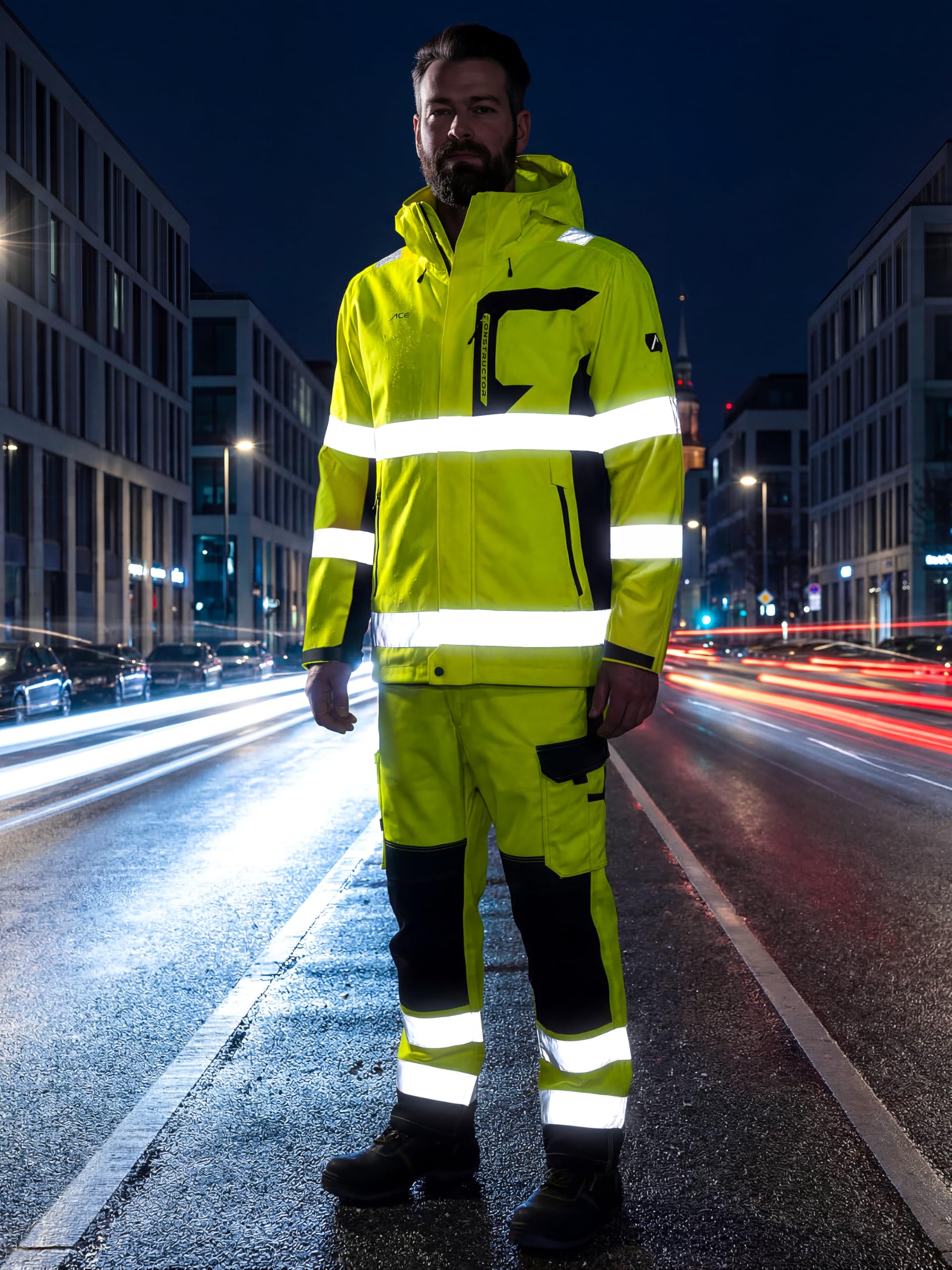 ACE Constructor HiViz Kurtka przeciwdeszczowa – wodoodporna kurtka ostrzegawcza z elementami odblaskowymi i kapturem – zgodna z normami EN ISO 20471 i EN 343 – rozmiary od S do 4XL