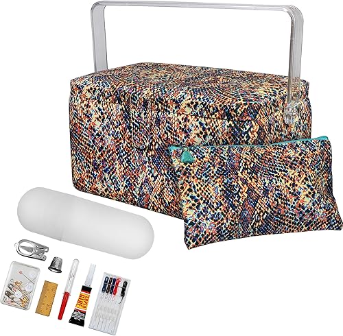 Miniatura 2 de SINGER Cesta de aparejos grande de alta calidad, estampado de serpiente multicolor con kit de costura de viaje de emergencia y bolsa con cremallera